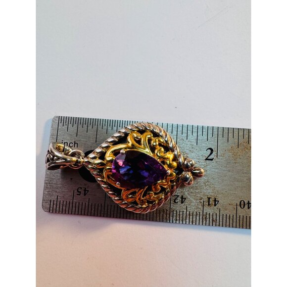Estate Sterling Silver 925 Gold Tone Filigree Pendant w/ Pear Amethyst Gemstone - Picture 7 of 9